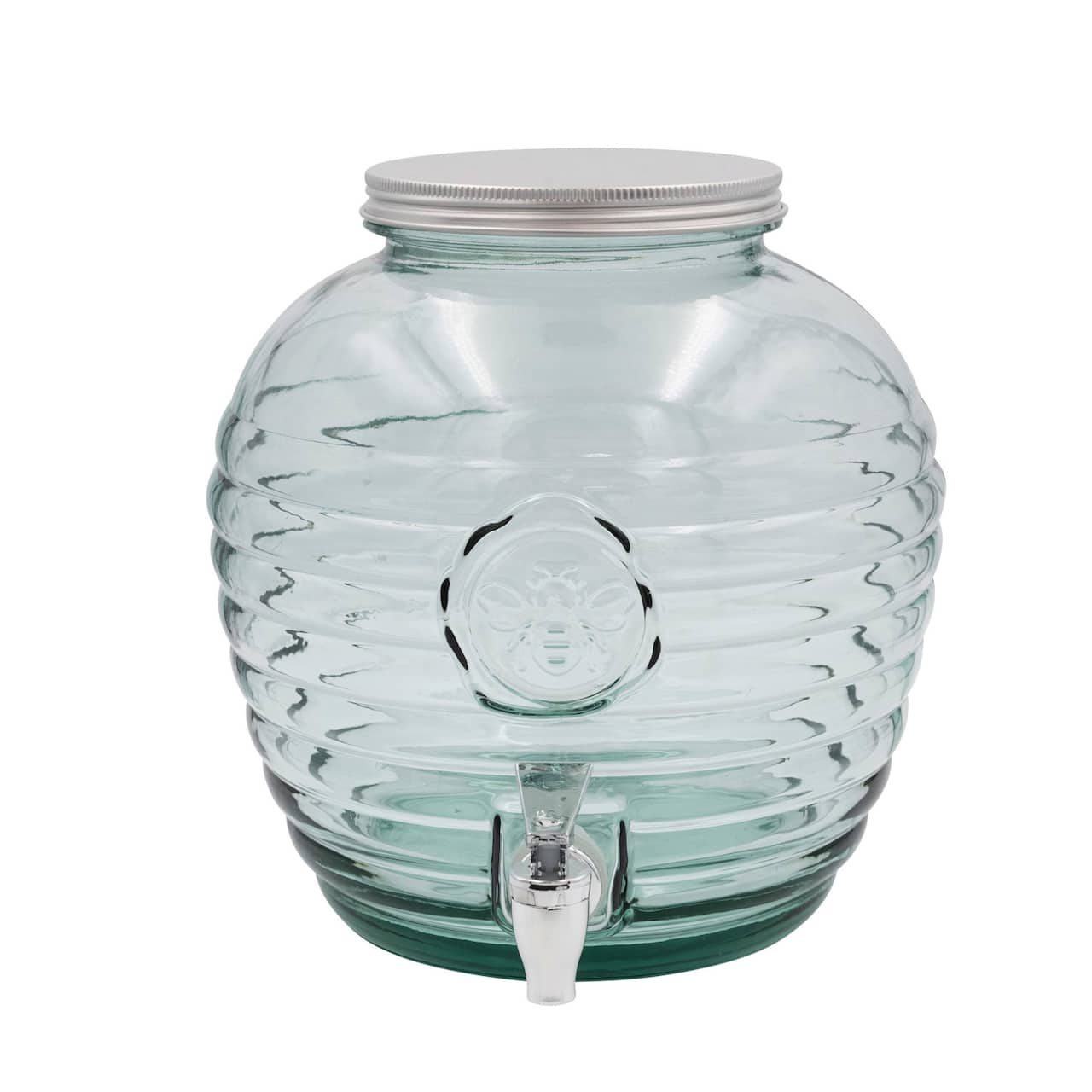 Hello Honey® 9.75" Clear Reclaimed Glass Ribbed Beverage Dispenser with Bee Embossing